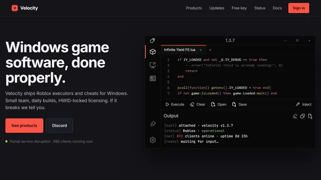 Velocity Executor, a Roblox Executor for Windows